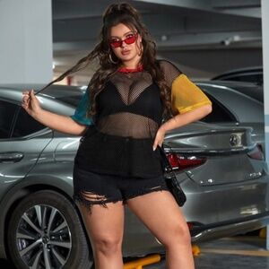 SHEIN SXY Plus Color Block Swim Cover Up Mesh Crochet Hip Hop Festival Top 3XL